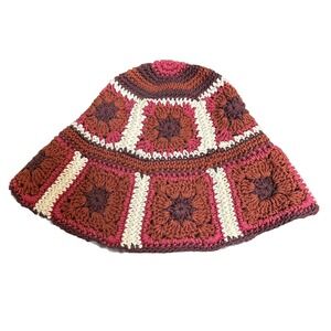 LUCKY BRAND Women's Crochet Bucket Hat Cap Boho Granny Square Retro